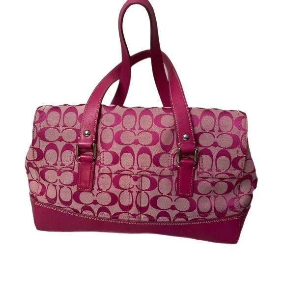 Coach Pink #F13070 Satchel with Signature Monogram and Burgundy Accents - Picture 2 of 8